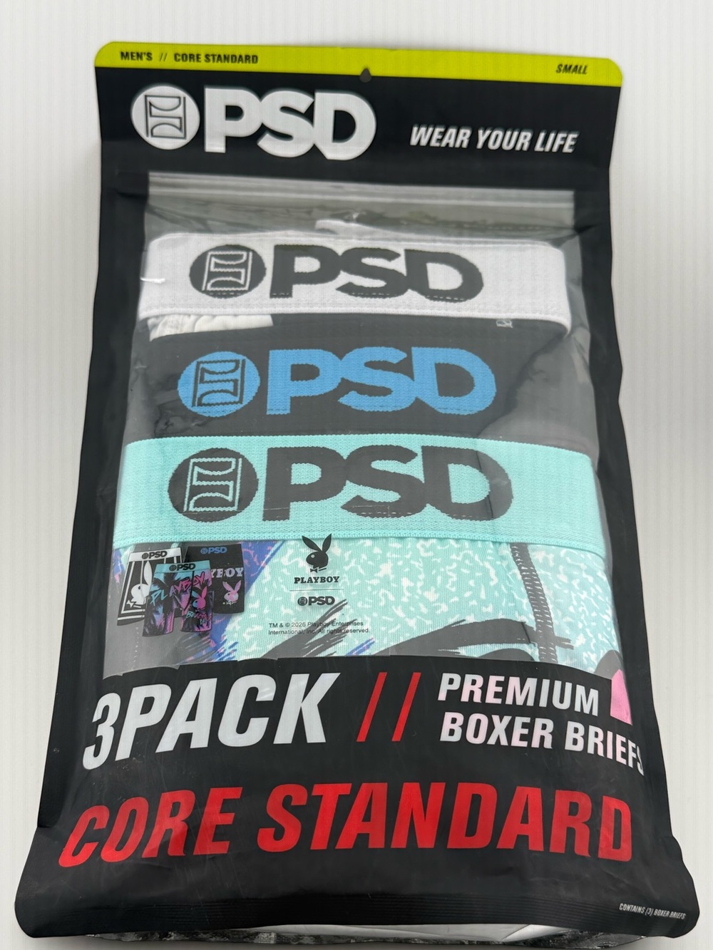 PSDxPlayboy Men’s 3-Pack Core Standard Boxer Briefs - White, Black, Aqua Size S